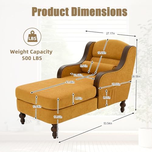 53.5'' Accent Chair for Living Room, Bedroom, Upholstered Living Room Recliner Reading Lounge Chairs, Chaise Lounge Indoor Chair, Sleeper Couch for Small Chairs for Small Spaces (Mustard Yellow)