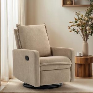 360° Swivel Rocking Chair Nursery, Glider Recliner Chair with High Backrest, Manual Swivel Rocker Recliner with Deep Cushioned Seat for Living Room, Bedroom, Baby Room(Camel)