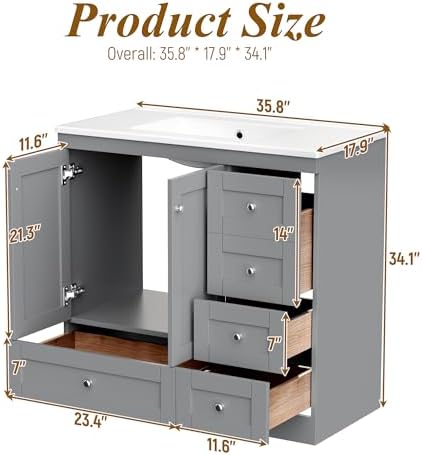 72'' Bathroom Vanities with Ceramic Sink Combo, Freestanding Double Bathroom Vanity Storage Cabinet 4 Soft Closing Doors & 2 Drawers Floor Standing Storage (Grey)