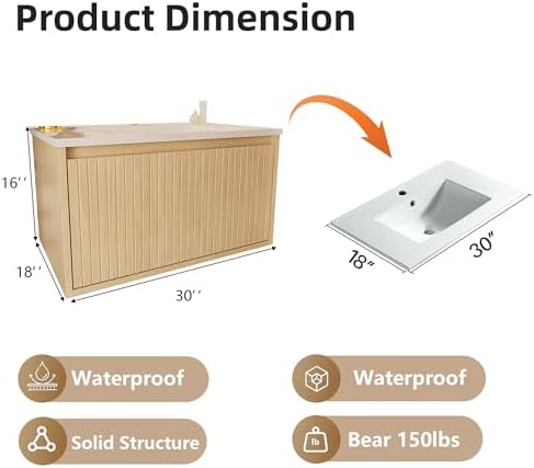30'' Fluted Bathroom Vanity with Sink Combo, Floating Sink Bathroom Vanity Wall-Mounted Bath Room Vanities with Drawers, Bath Storage Cabinet (Wood)