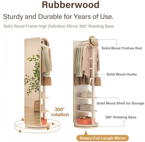 68'' x 19" Full Length Mirror with Storage Stand, Solid Wood Floor Large Long 360° Swivel Mirror for Bedroom, Living Room, Cloakroom, Office, Small Space, Small Apartment, Dormitory (White)