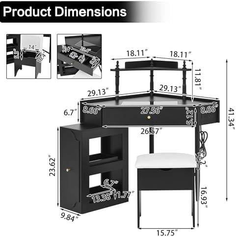 Makeup Vanity Desk Without Mirror, Corner Vanity Desk Set with Storage Cushioned Stool and Charging Station, Makeup Desks with Removable Pull-Out Side Cabinet for Women, Small Place (Black)