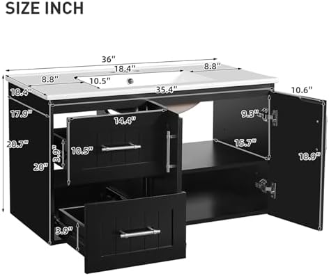 36'' Bathroom Vanity with Sink, Floating Single Sink Bathroom Vanities with Adjustable Shelf, Wall-Mounted Bath Room Vanity, Modern Storage Cabinet for Small Spaces (Black)