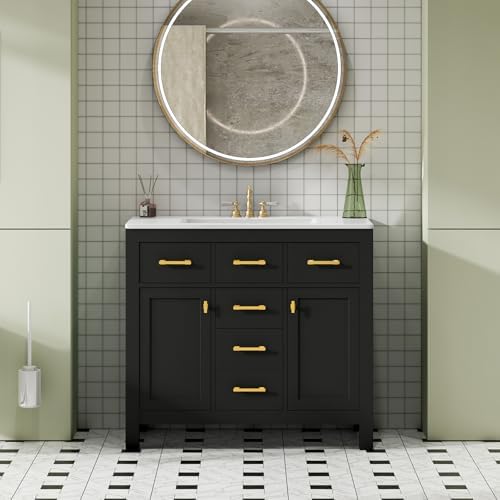 36'' Bathroom Vanity with Ceramic Sink Combo Set, Modern Freestanding Single Bathroom Cabinet with 4 Drawers & 2 Cabinets, Storage Cabinet, Solid Wood Frame Vanity Set (Black)