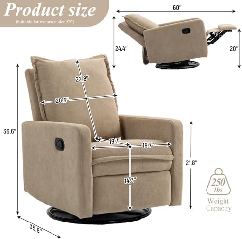 360° Swivel Rocking Chair Nursery, Glider Recliner Chair with High Backrest, Manual Swivel Rocker Recliner with Deep Cushioned Seat for Living Room, Bedroom, Baby Room(Camel)