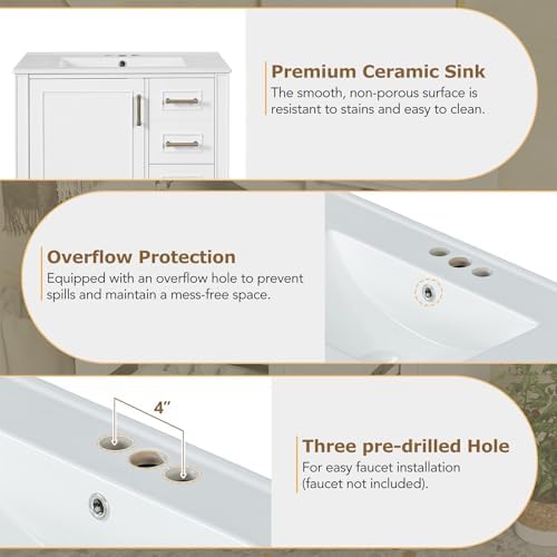 Bathroom Vanity, 30" Bathroom Vanity with Sink, Modern Storage Cabinet with 3 Drawers & 1 Door, Freestanding Bathroom Vanities, Solid Wood Frame for Small Space 30'' x 18'' x 34'' (White)