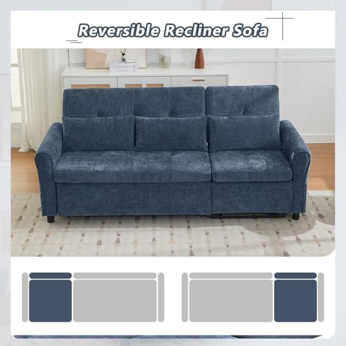 2-in-1 Sleeper Sofa with Pull Out Couch Bed and a Reversible Recliner, 82'' Convertible Chenille Cloud Couch with USB & Adjustable Backrest Comfy Recliner Couches for Living Room Apartment (Blue)