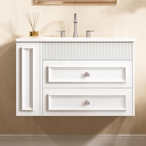 30 Inches Bathroom Vanity with Sink MDF, Wall Mounted Floating Cabinets w/Double Drawers, 3 Holes Single Ceramic Sink Combo Set Modern Storage Cabinet (White)