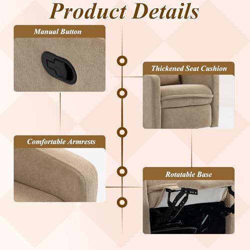 360° Swivel Rocking Chair Nursery, Glider Recliner Chair with High Backrest, Manual Swivel Rocker Recliner with Deep Cushioned Seat for Living Room, Bedroom, Baby Room(Camel)