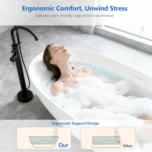 71″ Freestanding Solid Surface Bathtub, Oval Thick Edge Matte White Stone Resin Stand Alone Soaking Tub, Ergonomic Free standing Flatbottom Tubs with Overflow, Pop-up Drain (Matte White, 71")