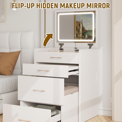 3 in 1 Vanity Desk with Flip Top Mirror, Small Make Up Set with Visible Glass Desktop, Compact Makeup Vanity with 3 Drawers Hidden Storage & Cushioned Stool, Dressing Table for Bedroom
