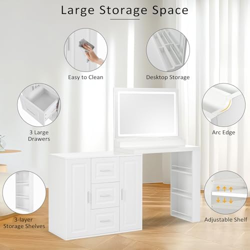 59" Vanity Desk with Mirror and Lights, Makeup Vanity with 3 Drawers and 2 Cabinets Adjustable Shelves, Dressing Table with 3 Color Modes for Bedroom, Dressing Room, Women