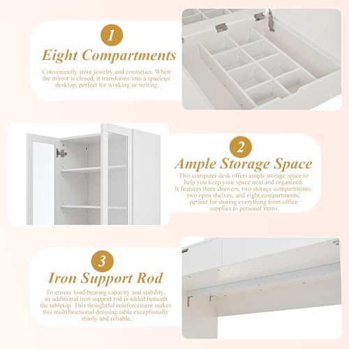 Large Versatile Makeup Vanity Desk with Mirror and Charging Station, Home Office Desk, Dressing Table with 8 Hidden Storage Compartments, Computer Desk with 3 Drawers, 2 Cabinets and Open Shelves