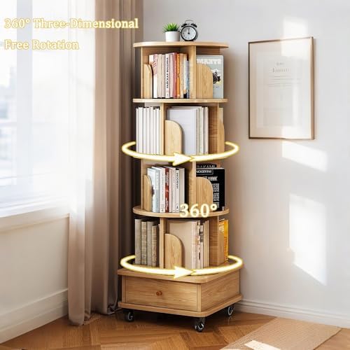 5 Tier Rotating Bookshelf with Swivel Wheels, Round Revolving Bookcase, 360° Rotation Book Shelf Tower Kids Adult, Narrow Rolling Bookshelves for Small Space, Corner, Bedroom (Wood, 5 Tier + Wheels)
