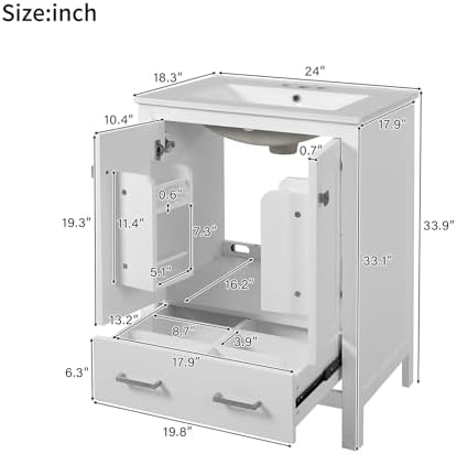 24" Bathroom Vanity with Sink Combo Set, Solid Wood Frame Bathroom Storage Cabinet with 2 Drawers and 1 Drawer, Double-layer Door Shelf, Soft Closing Cabinet Door with Organizer, White