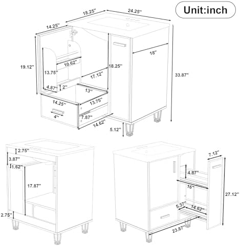 24" Bathroom Vanity with Sink, Bathroom Cabinet with Door Shelf, Deep Drawer, 2-Tier Pull-Out Basket, Solid Wood Frame Bathroom Vanities (Black)