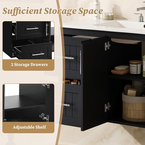 36'' Bathroom Vanity with Sink, Floating Single Sink Bathroom Vanities with Adjustable Shelf, Wall-Mounted Bath Room Vanity, Modern Storage Cabinet for Small Spaces (Black)