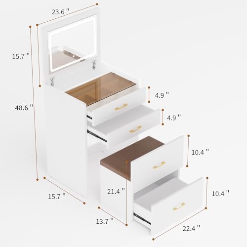 3 in 1 Vanity Desk with Flip Top Mirror, Small Make Up Set with Visible Glass Desktop, Compact Makeup Vanity with 3 Drawers Hidden Storage & Cushioned Stool, Dressing Table for Bedroom
