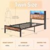 Twin Size Bed Frame with Storage Headboard and LED Lights, Metal Platform Bed with Charging Station, Bookcase Storage, No Box Spring Needed, Easy Assembly (Brown)
