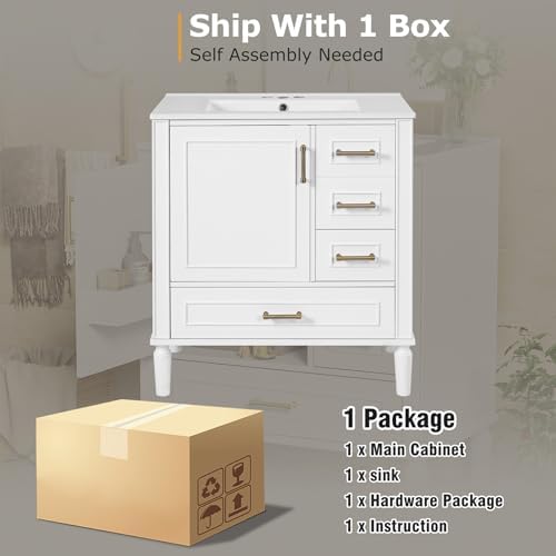 Bathroom Vanity, 30" Bathroom Vanity with Sink, Modern Storage Cabinet with 3 Drawers & 1 Door, Freestanding Bathroom Vanities, Solid Wood Frame for Small Space 30'' x 18'' x 34'' (White)