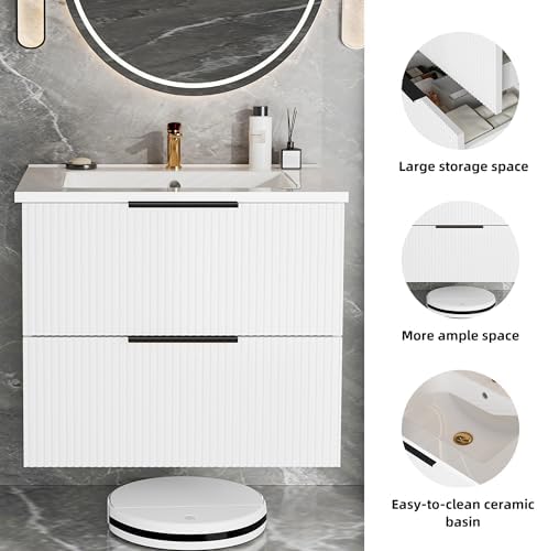 36 Inch Bathroom Vanity with Sink, Floating Ceramic Sink Bathroom Vanity with 2 Soft-Closing Drawers Wall-Mounted Bath Room Vanities for Small Space (White, 36‘’)