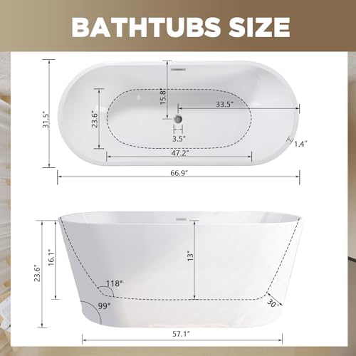 Acrylic Freestanding Bathtub, Stand Alone Soaking Tub, Extra Deep Cold Plunge Tub, Modern Free Standing Bath Tubs for Bathrooms (Gloss White, 67'')