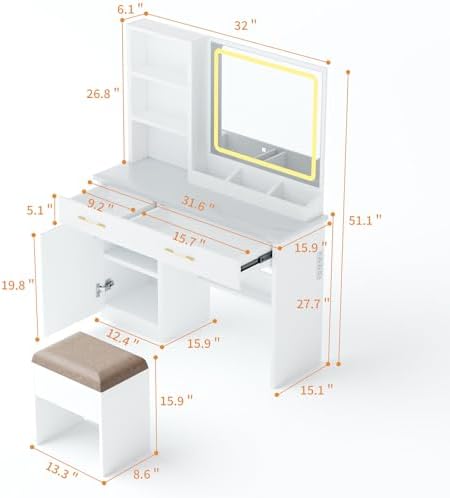 32'' Makeup Vanity Desk with Mirror and Lights, Large LED Mirror with 3 Color Modes, Makeup Vanity with Power Outlet & USB Ports, 6 Open Shelves & 2 Drawers for Women & Girls