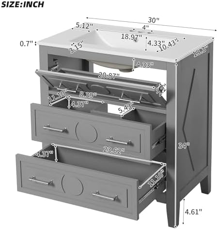 30'' Bathroom Vanity with Ceramic Sink Combo, Bathroom Vanity Storage Cabinet with Gold Pull, 1 Tip-Out Drawer & 2 Drawers, Solid Wood Frame Storage Vanities with Sink (Gray)