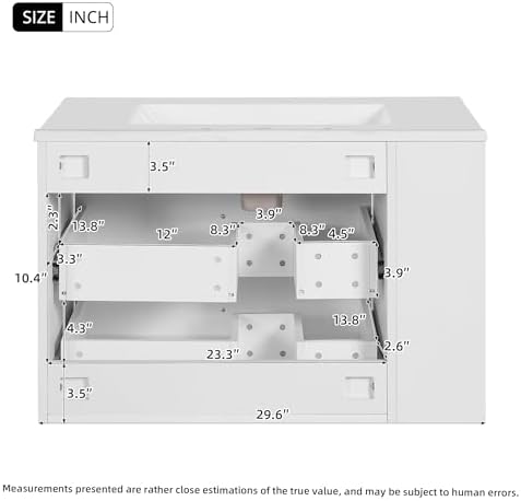 30 Inches Bathroom Vanity with Sink MDF, Wall Mounted Floating Cabinets w/Double Drawers, 3 Holes Single Ceramic Sink Combo Set Modern Storage Cabinet (White)