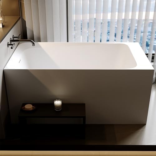 51'' Solid Surface Freestanding Bathtub, Stone Resin Stand Alone Soaking Tub, Modern Rectangular Freestanding Tubs with Overflow, Pop-up Drain, Thick Edge, Matte White