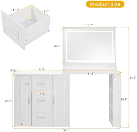 59" Vanity Desk with Mirror and Lights, Makeup Vanity with 3 Drawers and 2 Cabinets Adjustable Shelves, Dressing Table with 3 Color Modes for Bedroom, Dressing Room, Women