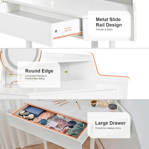 Corner Vanity Desk with Lighted Mirror, 44" Modern Fluted Makeup Vanity Desk with Adjustable Folding Mirror, Stool, Bedroom Dressing Table for Women, Small Place (White)