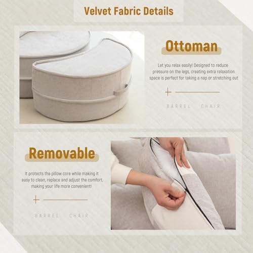 Oversized Round Chaise Longue Chair Indoor with Ottoman, Soft Velvet Upholstered Accent Barrel Chair, Cloud Large Circle Sleeper Sofa Chairs with 5 Pillows for Reading, Living Room, Bedroom (Gray)