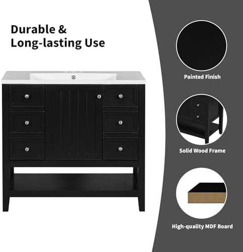 36" Bathroom Vanity with Sink, Modern Bathroom Cabinet Vanity Extra Large Storage with 1 Cabinet & 3 Drawers, Freestanding Bathroom Vanities, Solid Wood Frame (Black)