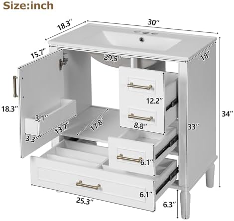 Bathroom Vanity, 30" Bathroom Vanity with Sink, Modern Storage Cabinet with 3 Drawers & 1 Door, Freestanding Bathroom Vanities, Solid Wood Frame for Small Space 30'' x 18'' x 34'' (White)