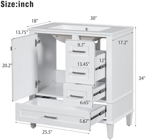 30" Bathroom Vanity with Sink and 4 Drawers & 1 Door Cabinet, Easy Assembly Modern Bathroom Vanities Storage Cabinet for Guest Baths Master Suites or Rental Units (White, 30 Inches)