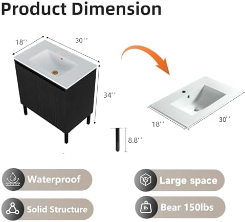 30″ Fluted Bathroom Vanity with Ceramic Sink, Modern Bathroom Vanity Cabinet with 2 Doors, Freestanding Mid-Century Restroom Sink Cabinet Combo (Black, 30'')