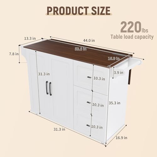 Kitchen Island Cart with Trash Can Storage, 44" Portable Kitchen Island on Wheels with Drop Leaf & Power Outlet, Large Mobile Islands Table, Bar Table with Towel Rack & Spice Rack