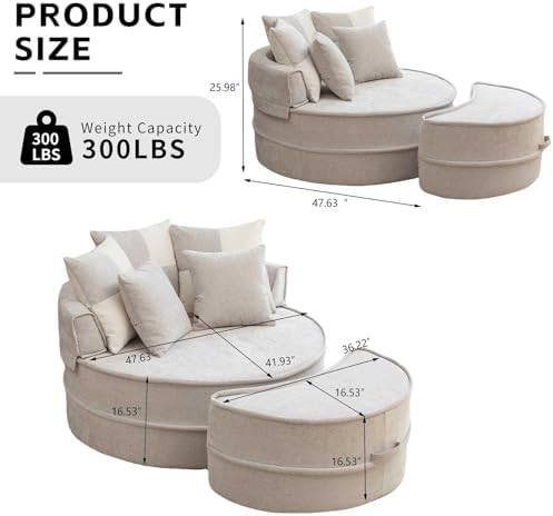 Oversized Round Chaise Longue Chair Indoor with Ottoman, Soft Velvet Upholstered Accent Barrel Chair, Cloud Large Circle Sleeper Sofa Chairs with 5 Pillows for Reading, Living Room, Bedroom (Gray)