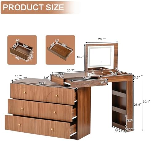 Vanity Desk with Mirror and Lights, Makeup Vanities Table with Flip-Top and Storage 7 Drawers, 9 Compartments, 3 Shelves, Corner Vanity Dressing for Bedroom (Walnut)