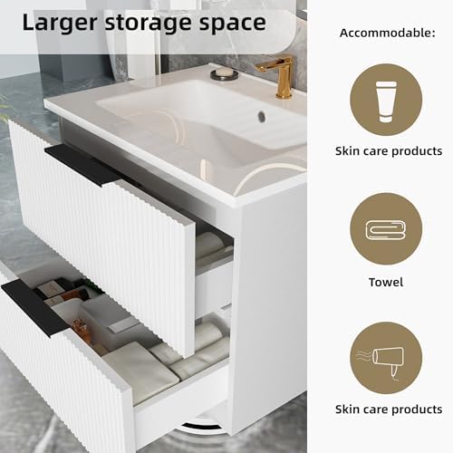 36 Inch Bathroom Vanity with Sink, Floating Ceramic Sink Bathroom Vanity with 2 Soft-Closing Drawers Wall-Mounted Bath Room Vanities for Small Space (White, 36‘’)