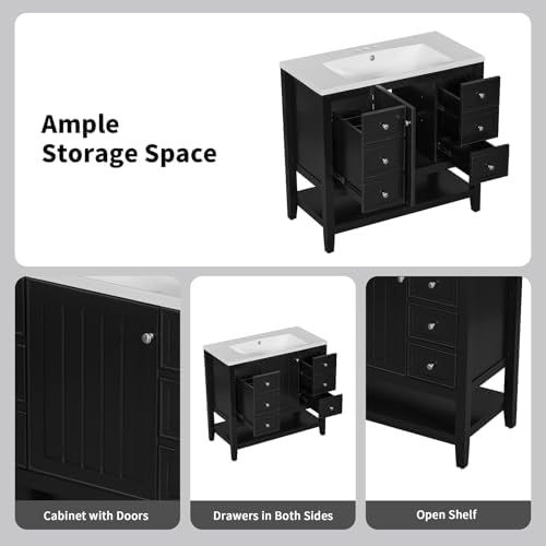 36" Bathroom Vanity with Sink, Modern Bathroom Cabinet Vanity Extra Large Storage with 1 Cabinet & 3 Drawers, Freestanding Bathroom Vanities, Solid Wood Frame (Black)
