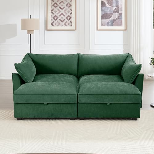 78.7" Cloud Sectional Couches for Living Room, Convertible L-Shape Deep Seat Couch with 2 Storage Ottoman, 2 Seater Modular Sectional Sofa for Living Room/Bedroom/Office (Green, Loveseat - 2 Ottomans)