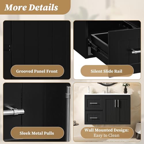 36'' Bathroom Vanity with Sink, Floating Single Sink Bathroom Vanities with Adjustable Shelf, Wall-Mounted Bath Room Vanity, Modern Storage Cabinet for Small Spaces (Black)