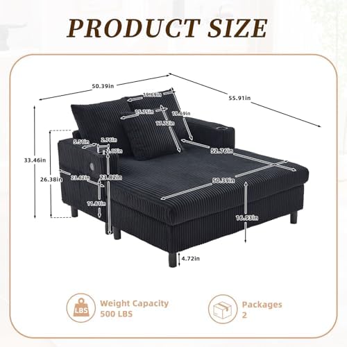 56'' Oversized Chaise Lounge Chair Indoor, Comfy Corduroy Chaise Sofa Recliner Bed Upholstered Sleeper Couch Bed with USB Charging, LED, Cup Holder, Side Pocket for Living Room (Balck)