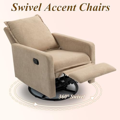 360° Swivel Rocking Chair Nursery, Glider Recliner Chair with High Backrest, Manual Swivel Rocker Recliner with Deep Cushioned Seat for Living Room, Bedroom, Baby Room(Camel)