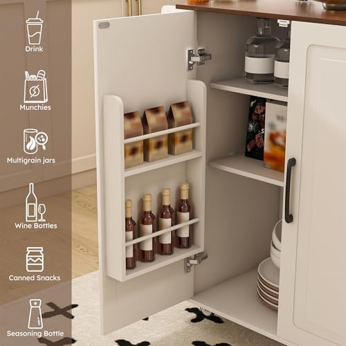 Kitchen Island Cart with Trash Can Storage, 44" Portable Kitchen Island on Wheels with Drop Leaf & Power Outlet, Large Mobile Islands Table, Bar Table with Towel Rack & Spice Rack