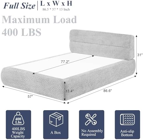 All in One Full Mattress & Bed Frame,13.5'' Memory Foam Compress Bed in a Box with Headboard | Motion Isolation | No Assembly Required | Living Room Apartment Bedroom (Khaki)