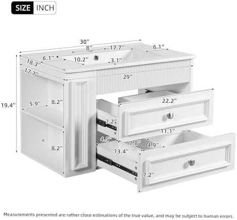 30 Inches Bathroom Vanity with Sink MDF, Wall Mounted Floating Cabinets w/Double Drawers, 3 Holes Single Ceramic Sink Combo Set Modern Storage Cabinet (White)