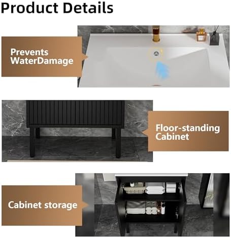 30″ Fluted Bathroom Vanity with Ceramic Sink, Modern Bathroom Vanity Cabinet with 2 Doors, Freestanding Mid-Century Restroom Sink Cabinet Combo (Black, 30'')